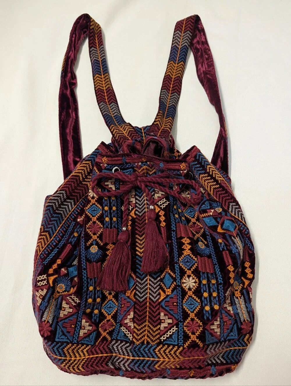 Johnny Was Burgundy Multi Boho Geometric Embroidered Drawstring Backpack Bag
